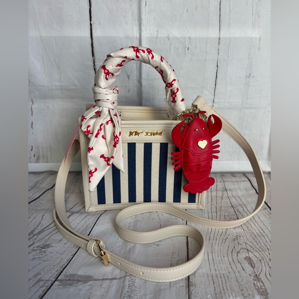 Betsey Johnson Cream Navy Striped Top-Handle Crossbody Bag Red Lobster Charm